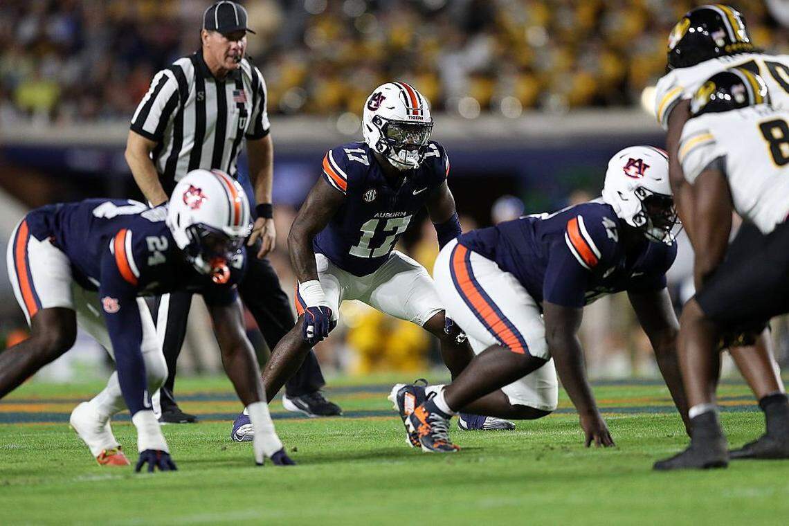 Auburn weakside linebacker Xavier Atkins (17) leads the SEC in tackles for loss with 13 and is second in quarterback sacks with seven.