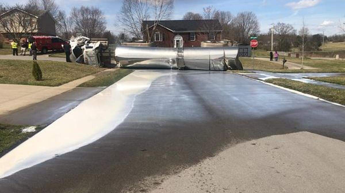 A tanker truck overturned and spilled many gallons of milk in Lawrenceburg, Ky., Tuesday afternoon.
