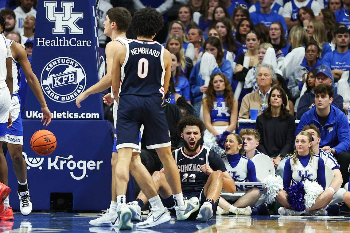 Gonzaga’s Anton Watson (22) celebrates scoring and drawing a foul against Kentucky during Saturday’s game at Rupp Arena.