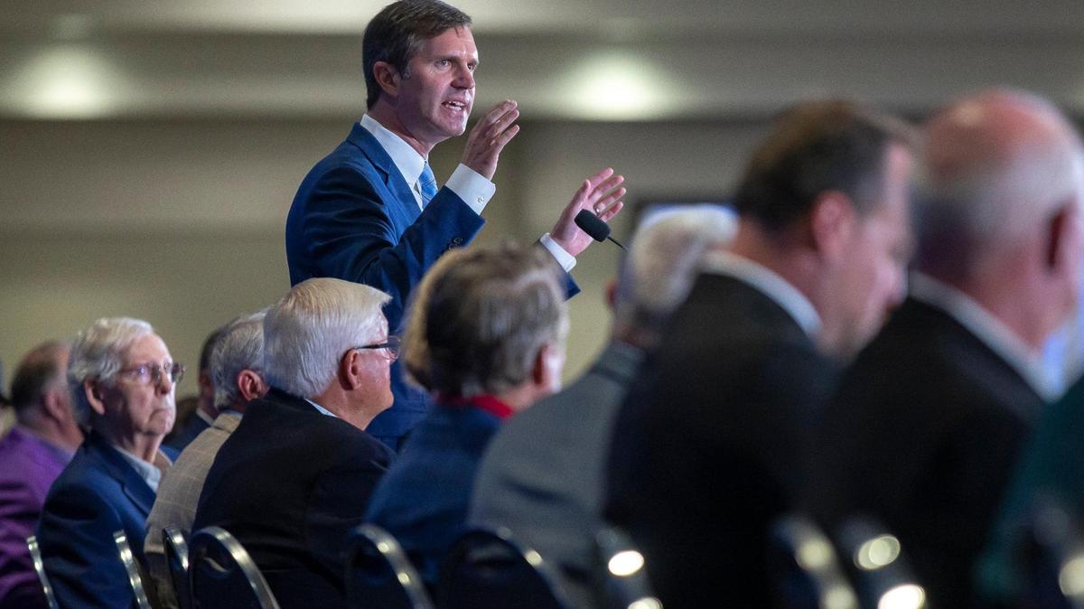 Kentucky Gov. Andy Beshear speaks at the 59th Annual Country Ham Breakfast at the Kentucky Exposition Center in Louisville, Ky., on Thursday, Aug. 24, 2023.