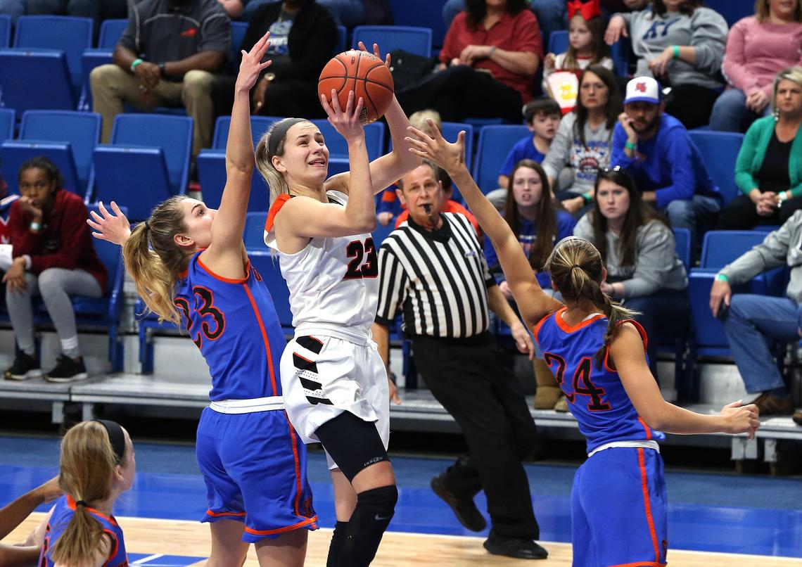 Ryle’s Maddie Scherr shoots against Southwestern in the championship game of the KHSAA Girls’ Sweet 16 at Rupp Arena in March 2019. Scherr is now the second Miss Kentucky Basketball award winner on the current UK women’s basketball roster.
