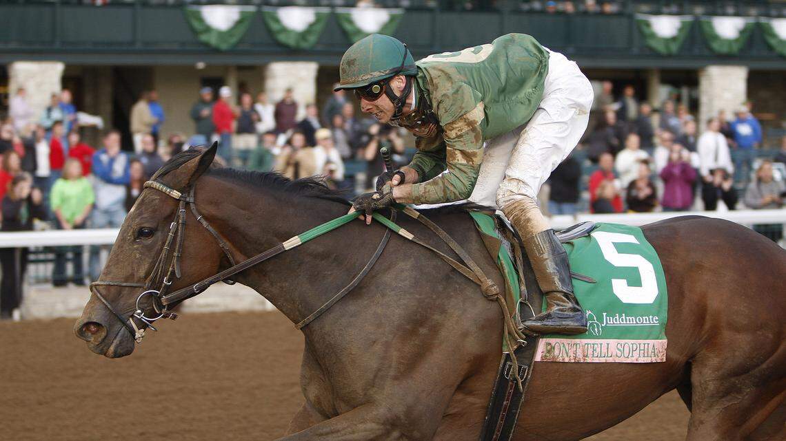 Don't Tell Sophia and jockey Joe Rocco Jr. won the Grade I Juddmonte Spinster Stakes at Keeneland. The mare angled in front of runner-up Ria Antonia in the stretch, but an objection was denied.  