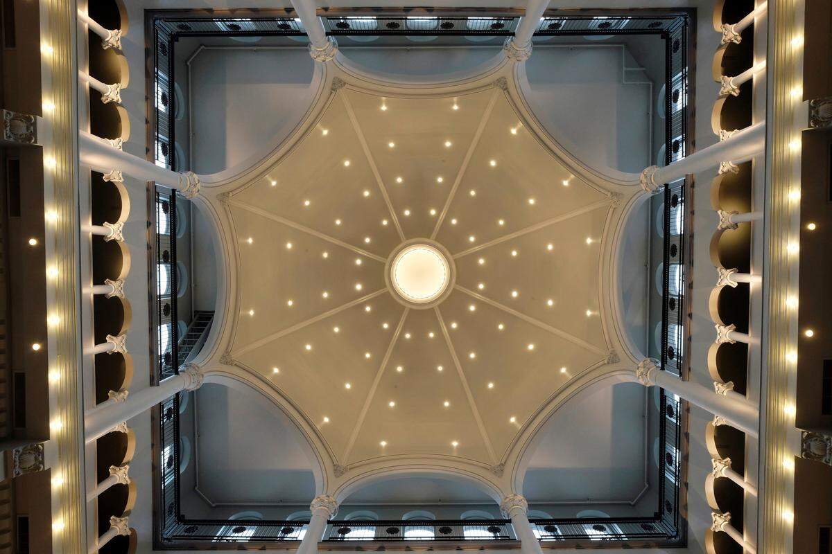 The restored dome of the circa 1899 old Fayette County Courthouse was revealed Monday. The building will reopen over the next few months after a $32 million renovation.