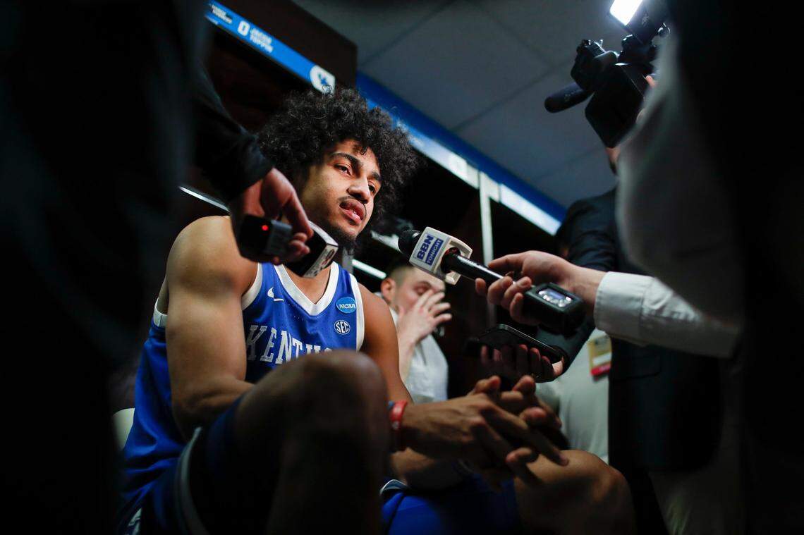Kentucky forward Jacob Toppin talks with reporters after Sunday’s NCAA Tournament loss to Kansas State.