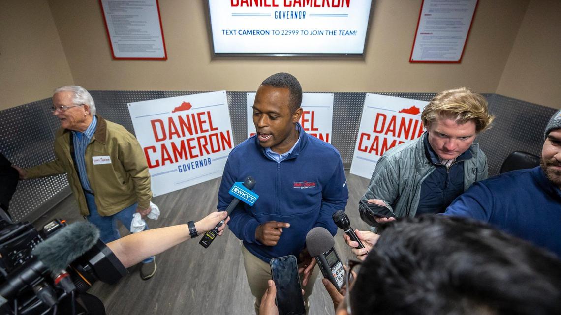 Kentucky Republican gubernatorial candidate and attorney general Daniel Cameron speaks with members of the media during a campaign stop at the Kentucky Welding Institute in Flemingsburg, Ky., on Monday, Oct. 30, 2023.