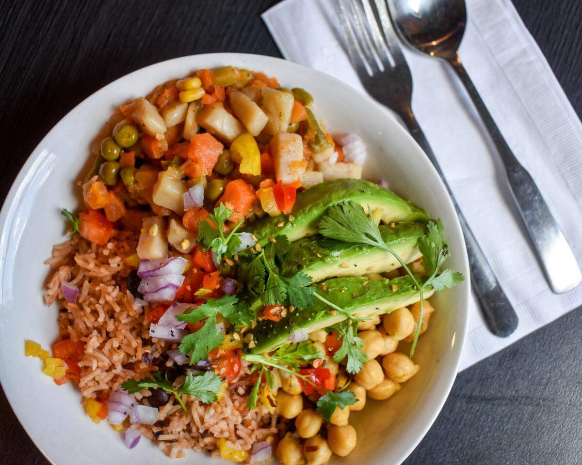 “Jamaican me vegan” is a composed salad with rice, potatoes, chickpeas and avocado.