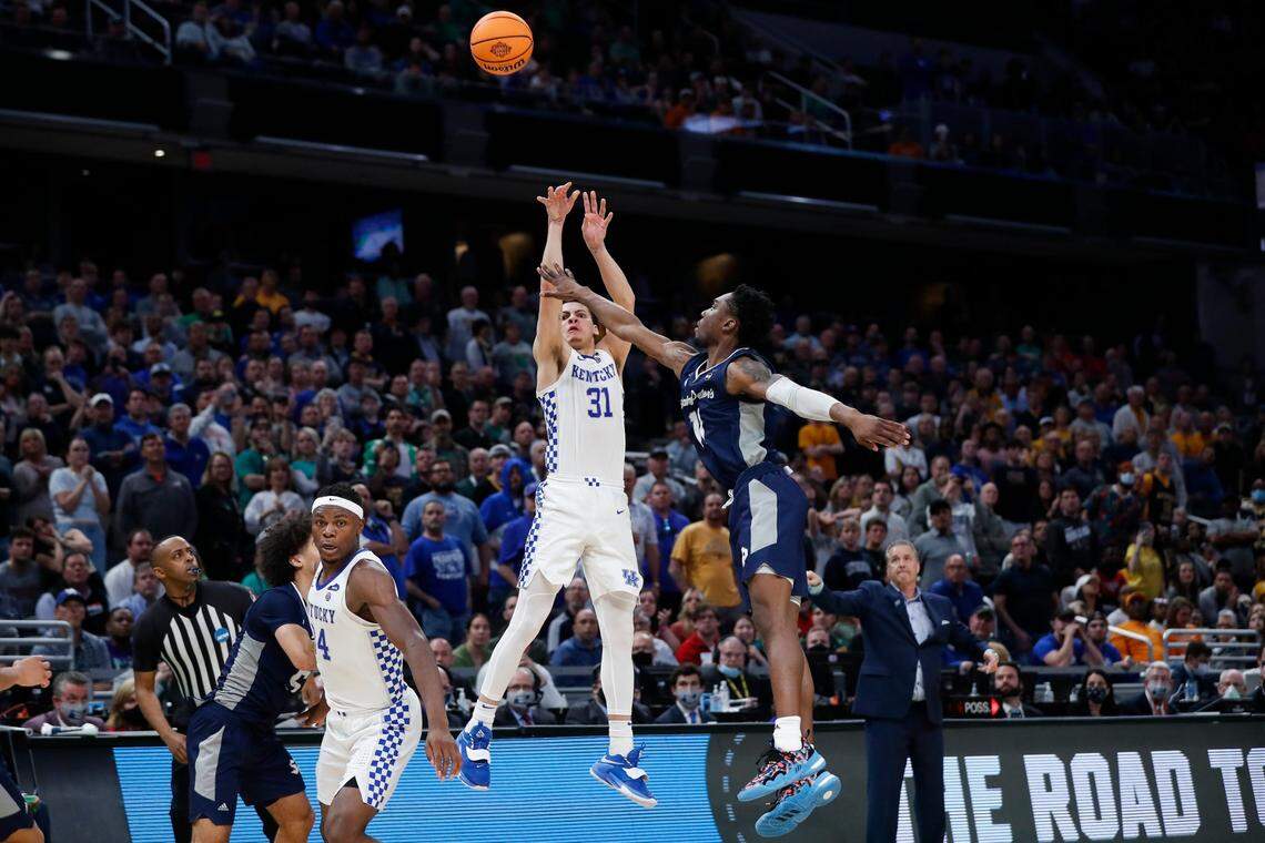 Kentucky guard Kellan Grady (31) made only one of nine shots in UK’s 85-79 upset loss to No. 15 seed Saint Peter’s in last season NCAA Tournament round of 64.