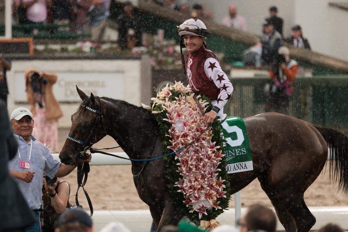 For the first time in her racing career, Thorpedo Anna won’t be ridden by jockey Brian Hernandez Jr., who is shown aboard the horse after the pair won the 2024 Kentucky Oaks.