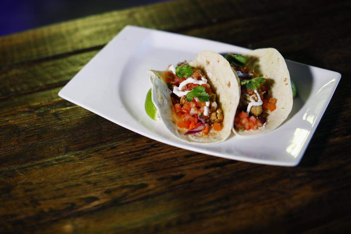 Cauliflower tacos made with marinated cauliflower, tahini sauce, spicy cole slaw, pico de gallo and cilantro on a flour tortilla at Script, the new bar at Shakespeare & Co. at 363 West Short Street in downtown Lexington. Food is available until 8 p.m.