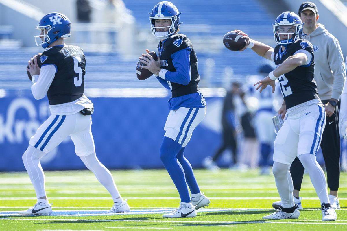 Zach Calzada (left) and Cutter Boley (center) each have started for Kentucky at quarterback this season. It’s unclear who will get the nod after the Wildcats’ week off.