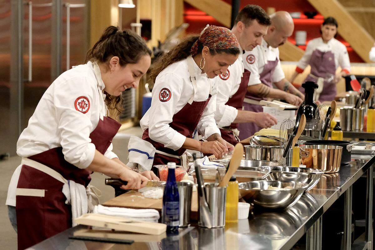 Paula Endara, from left, Lana Lagomarsini, Vincenzo Loseto and Henry Lu compete on the first episode of “Top Chef.”