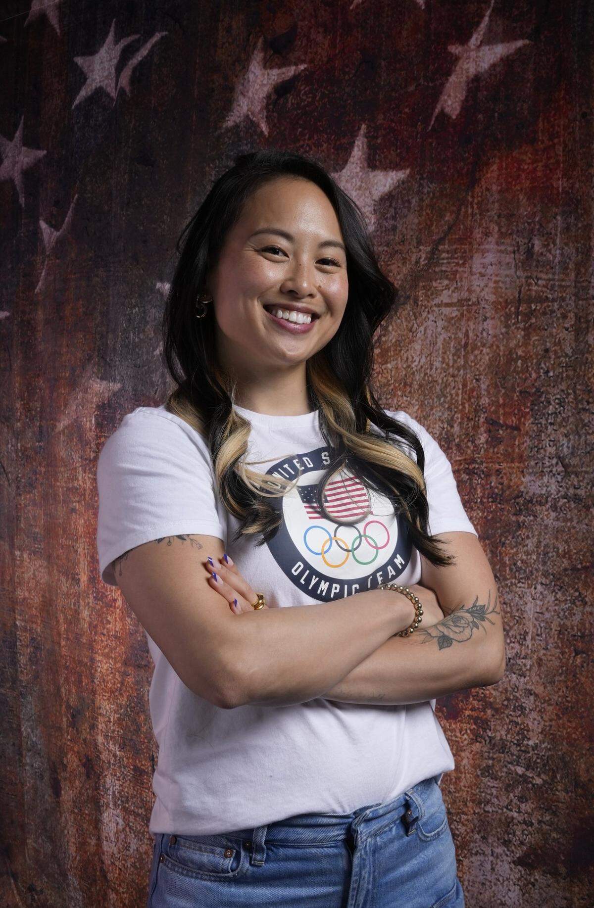 Apr 16, 2024; New York, New York, USA;  U.S. Olympic athlete Sunny Choi poses for a photo at the USOC Media Summit in preparation for the Paris 2024 Olympic Summer Games at Mariott Marquis. Mandatory Credit: Robert Deutsch-USA TODAY Sports