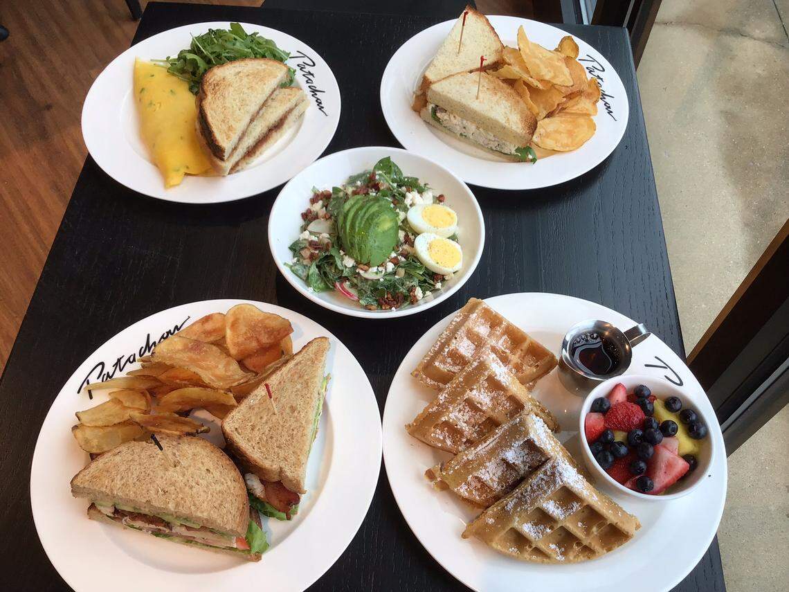 Cafe Patachou offers breakfast, brunch and lunch items. The menu includes turkey club with house-made chips, waffle (also available gluten free), green goddess salad, omelette with cinnamon toast, and chicken salad, shown Tuesday, Nov. 8, 2025, at Cafe Patachou.