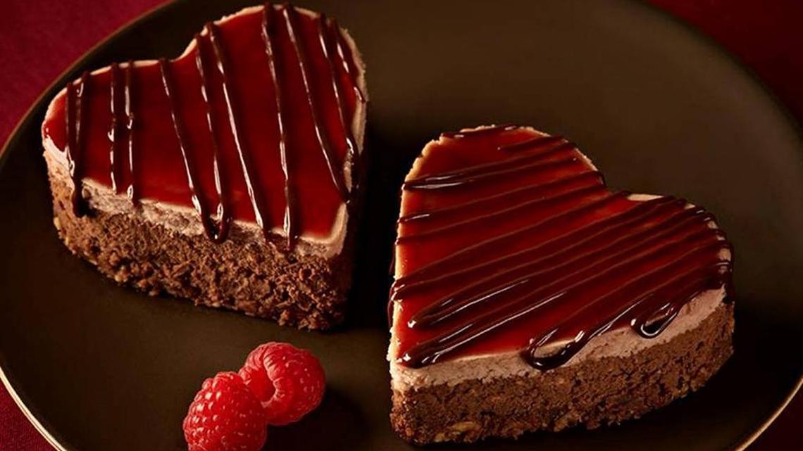 You can make these chocolate raspberry cheesecake hearts with a recipe from Ghirardelli. To make hearts, they suggest baking in a 9x13 cake pan and using heart-shaped cookie cutters. Or you can make in a regular cheesecake pan.