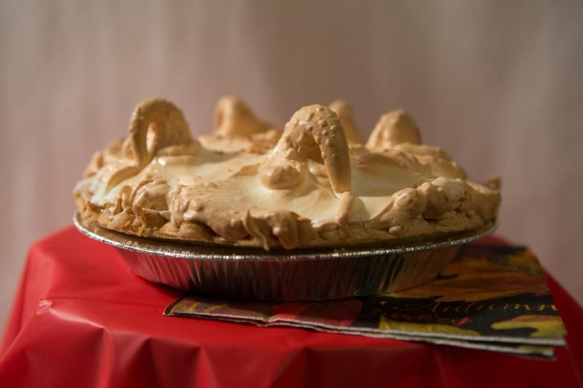 Missy’s butterscotch pie is a showstopper with horned meringue and sprinkled brown sugar.