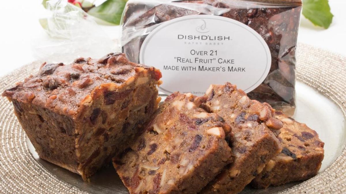 Kathy Casey’s “over 21” fruitcake is made with fruit soaked in Maker’s Mark and is available online for $12.99.