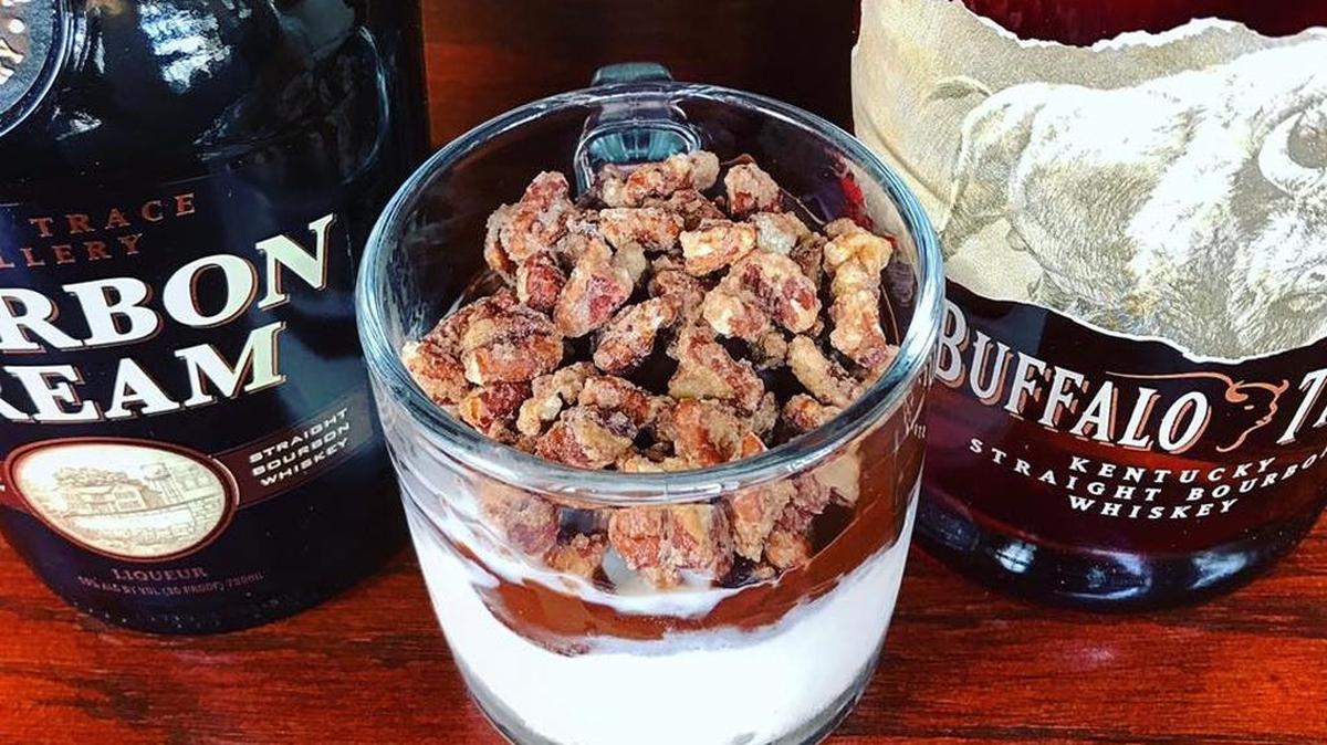 Crank and Boom’s bourbon ball sundae is made with bourbon and honey ice cream (using Buffalo Trace bourbon), chocolate bombe sauce and candied pecans.