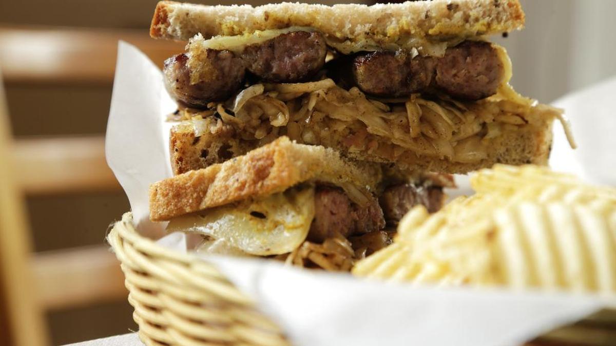 The “Big D,” named for a previous owner: local bratwurst with kraut, Swiss cheese and spicy mustard.