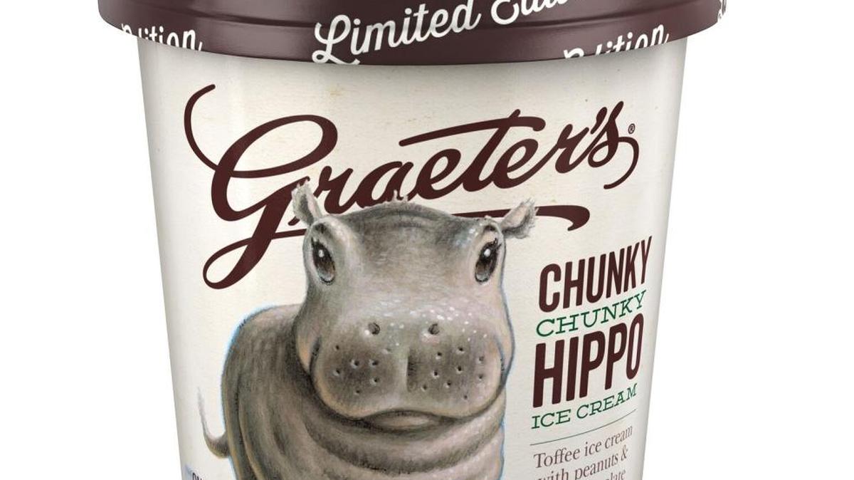 Chunky Chunky Hippo, toffee-flavored ice cream with salted roasted peanuts and milk chocolate caramel truffles, is available in scoop shops and at local groceries that sell Graeter’s. The pints now have a portrait drawn by local artist Loren Long.
