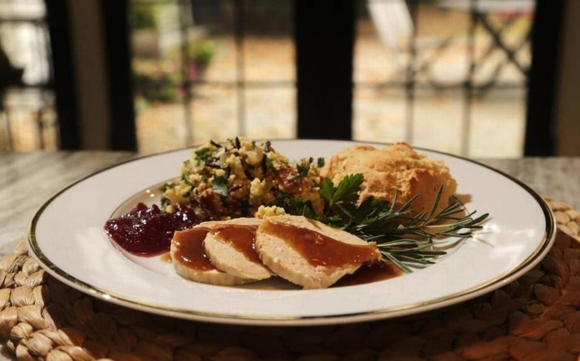 Good Foods Co-op will host three days of free Thanksgiving sampling, beginning Friday night with vegan alternatives, including meat-free turkey (that’s actually Quorn “turkey” roast on the plate) and vegan pumpkin pie.