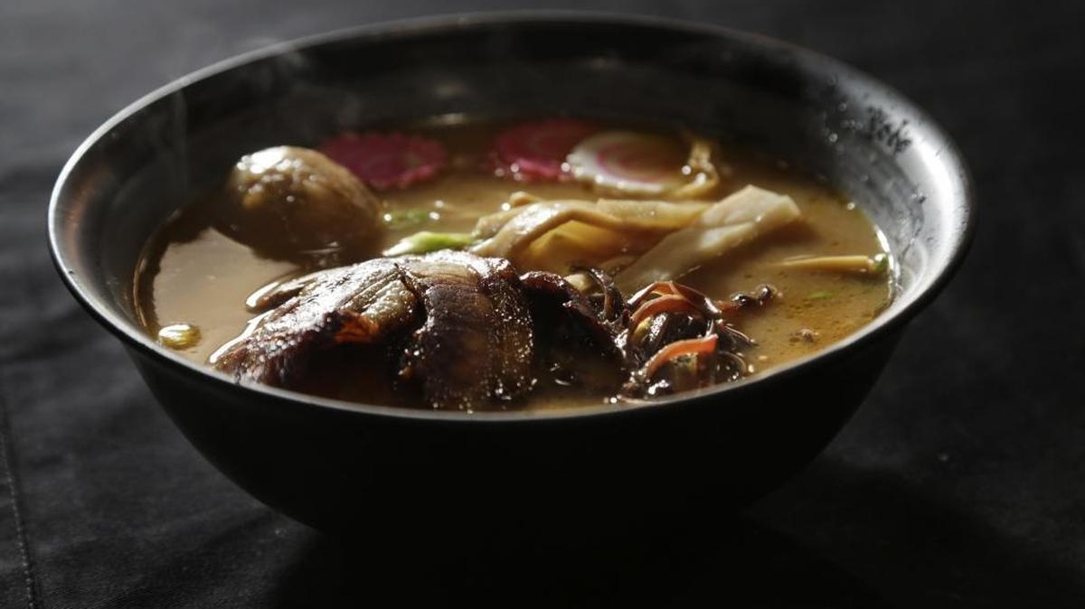 Ramen Ya’s miso ramen is made with miso bean paste broth and topped with a seasoned egg, menma (bamboo shoots), scallions, mushrooms and chasu pork. Ramen is a popular lunch in Japan and other parts of Asia, typically served at noodle counters.