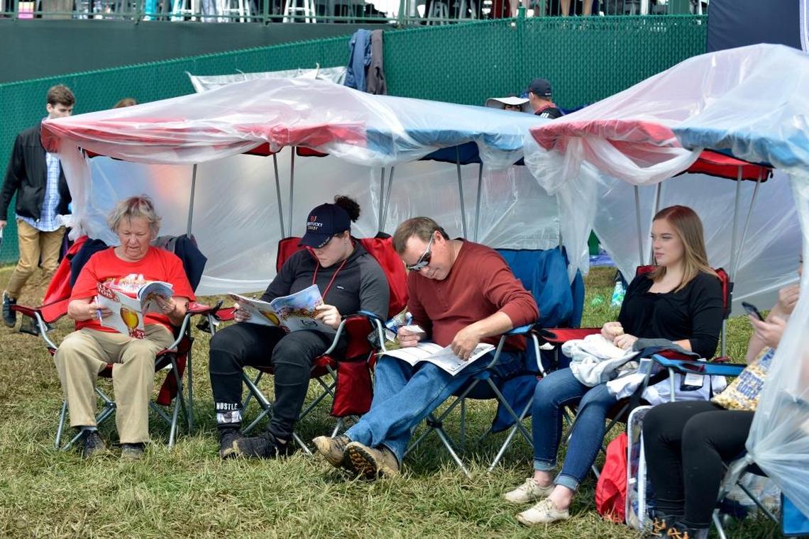 The Wiles Family, of Michigan, created a rain block using trash bags in the Infield at the 143th Kentucky Derby at Churchill Downs in Louisville, KY on Saturday, May 6, 2017.