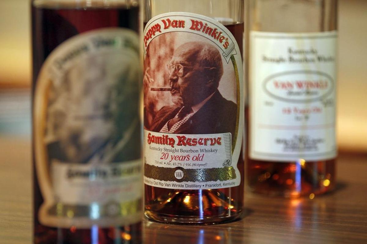 Coveted bottles of Pappy Van Winkle 23-year-old bourbon and other Van Winkle bourbons.