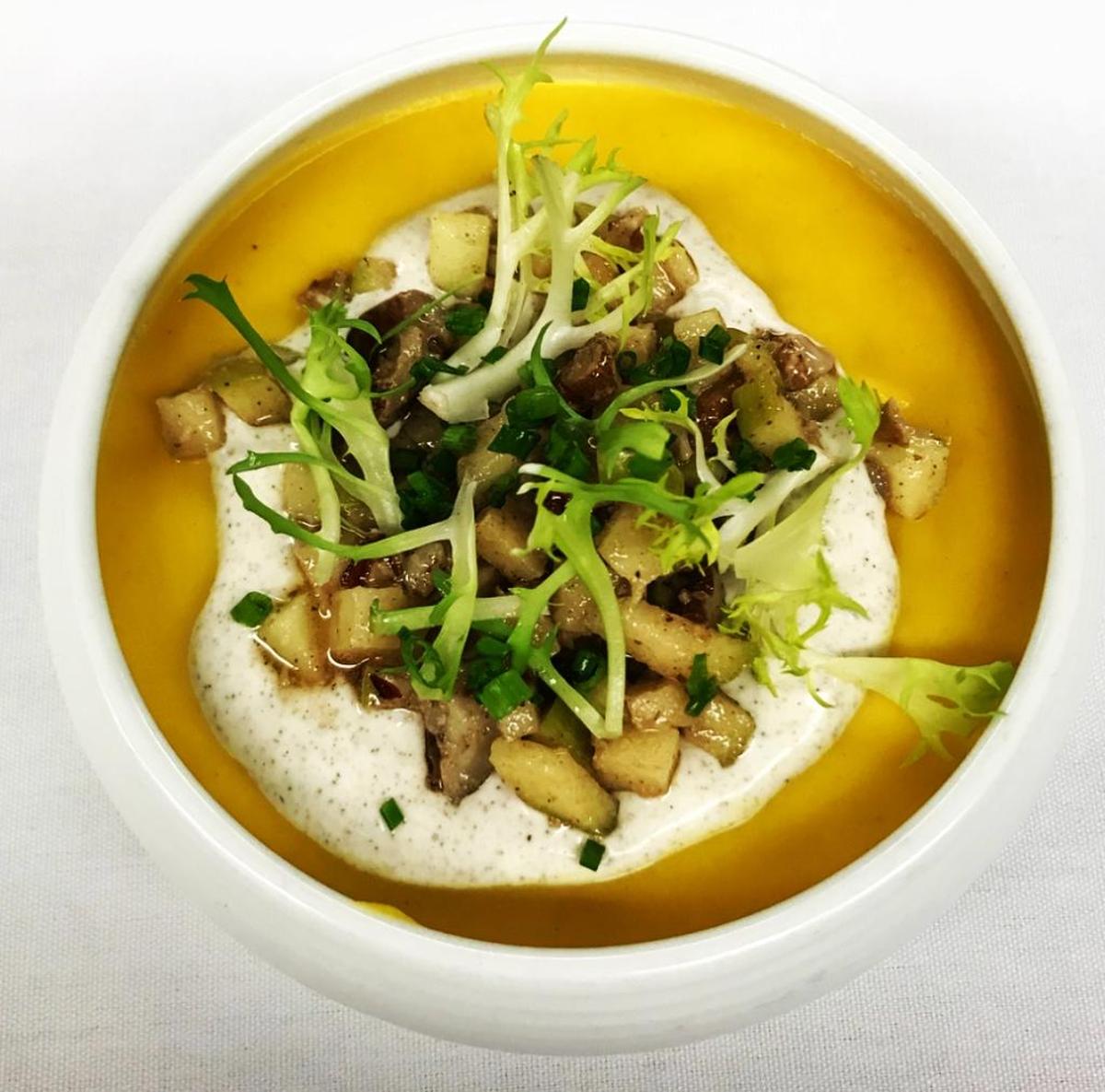 For winter, Distilled at Gratz Park is serving maple butternut squash soup with apple, spiced pecans and allspice crema.