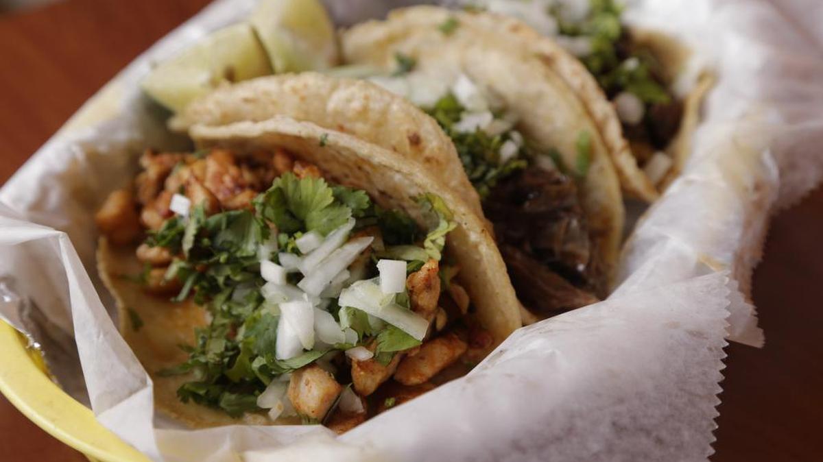 Tacos made with, from left, chicken, pork and goat at Birrieria Jalisco, a Mexican eatery on Partner Place, not far off Clays Mill Road.