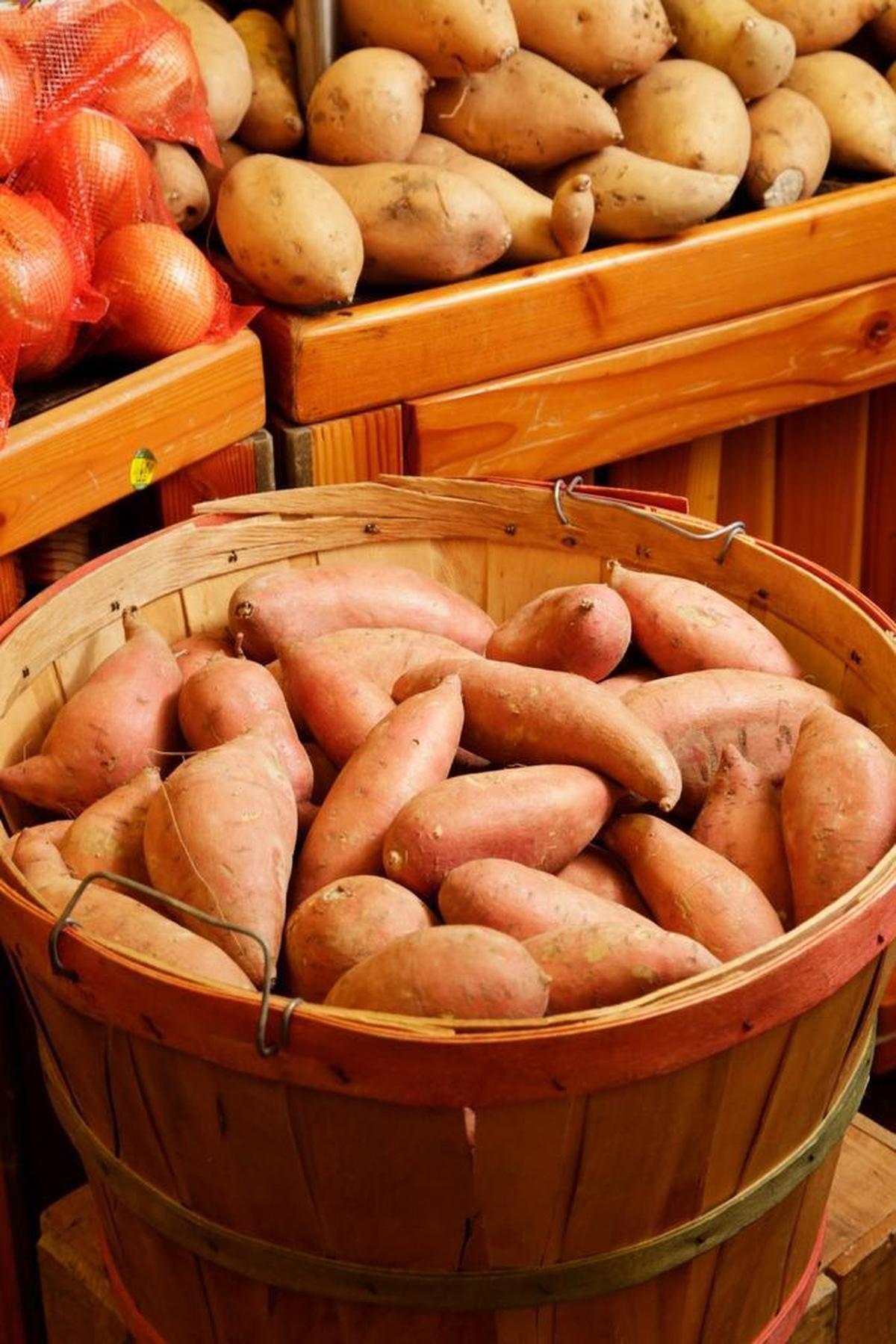 Local sweet potatoes are available at Good Foods Co-op.