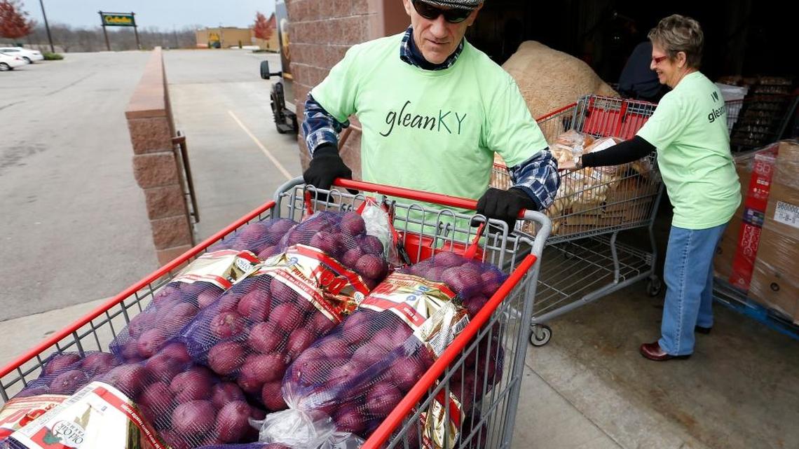 Pat Ryan, left, and Zadie Ryan, right, volunteers with GleanKy, picked up produce and bread products from Costco on Nov. 28. As they do every Monday, GleanKy volunteer gleaners, Pat and Zadie Ryan picked up produce and took it to Calvary Church of the Nazarene – a site which started doing free grocery distribution in 2014 because of the partnership with GleanKY and Costco. The Ryans picked up 743 pounds of produce from Costco on the Monday after Thanksgiving, as well as a large load of breads, pies, and pastry products, which the church distributes.