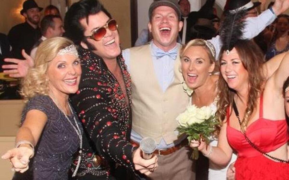 Dee Dee Duffy and Brendan Paul (as Elvis, above and right) own the Graceland Wedding Chapel in Las Vegas, where celebrants can marry or renew their vows “Elvis-style.” Duffy is originally from Pike County.