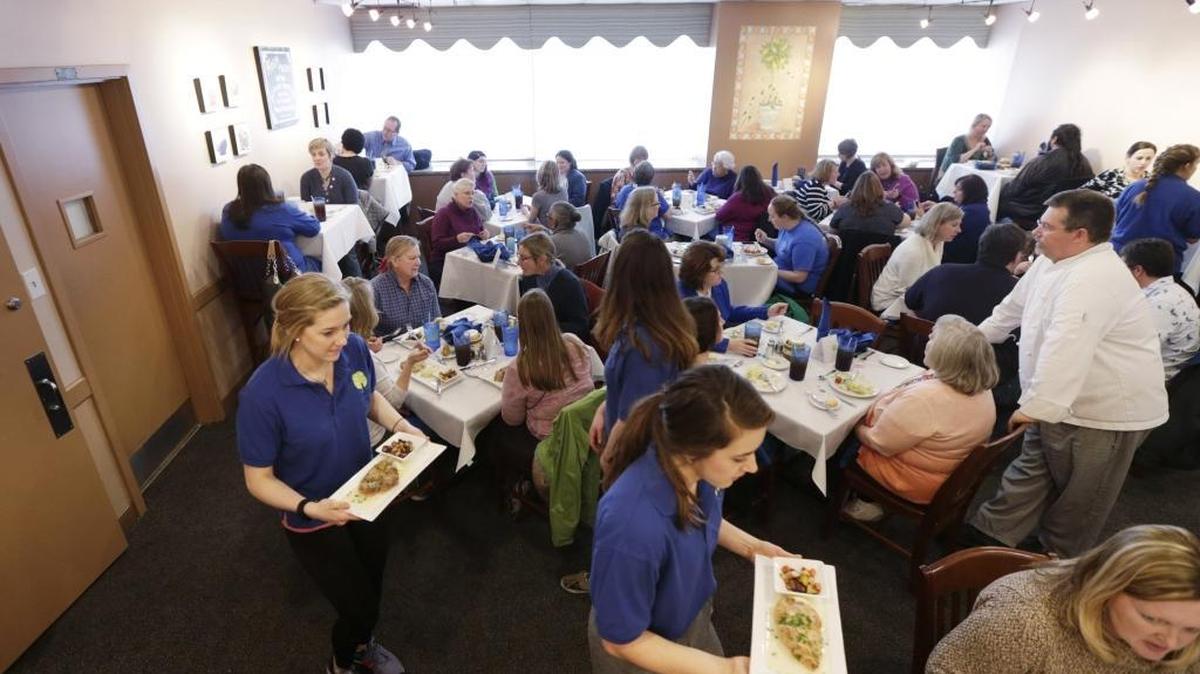 A former classroom serves as the dining room for the Lemon Tree Cafe in Erikson Hall, one of the hottest lunch spots in Lexington. The cafe seats 50 and is almost always booked for the whole semester as soon as the menus are released.