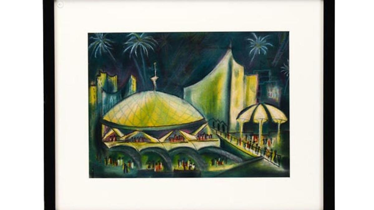 An original chalk on paper drawing titled World’s Fair 1964, attributed to Shirley Mason, date unknown. The drawing features unknown figures lining up waiting to enter the domed tent in New York.