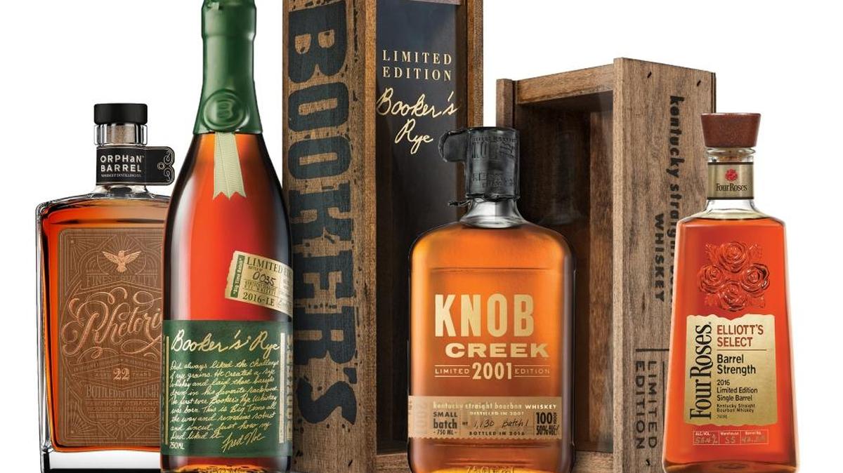 From left: Orphan Barrel’s Rhetoric, Booker’s Rye, Knob Creek 2001, Four Roses Elliott’s Select