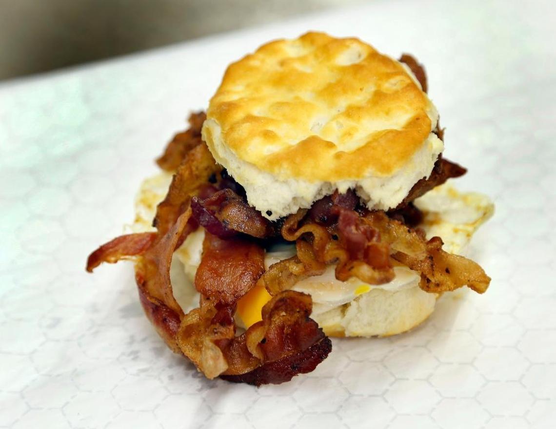 A bacon, egg and cheese biscuit, made with seven strips of bacon.