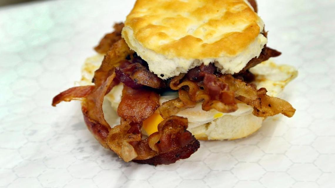 A bacon, egg and cheese biscuit, made with seven strips of bacon.