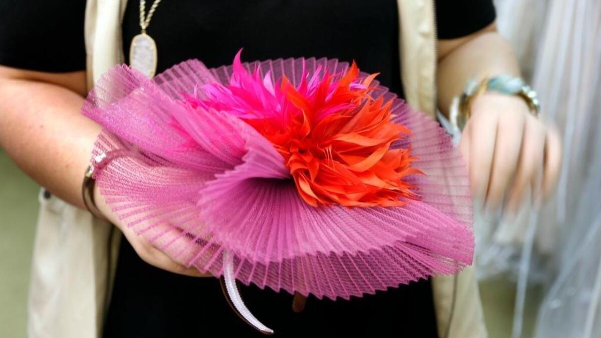 Pink is always a favorite, said Britni Knable of Headcandi. This is one of her fascinators.