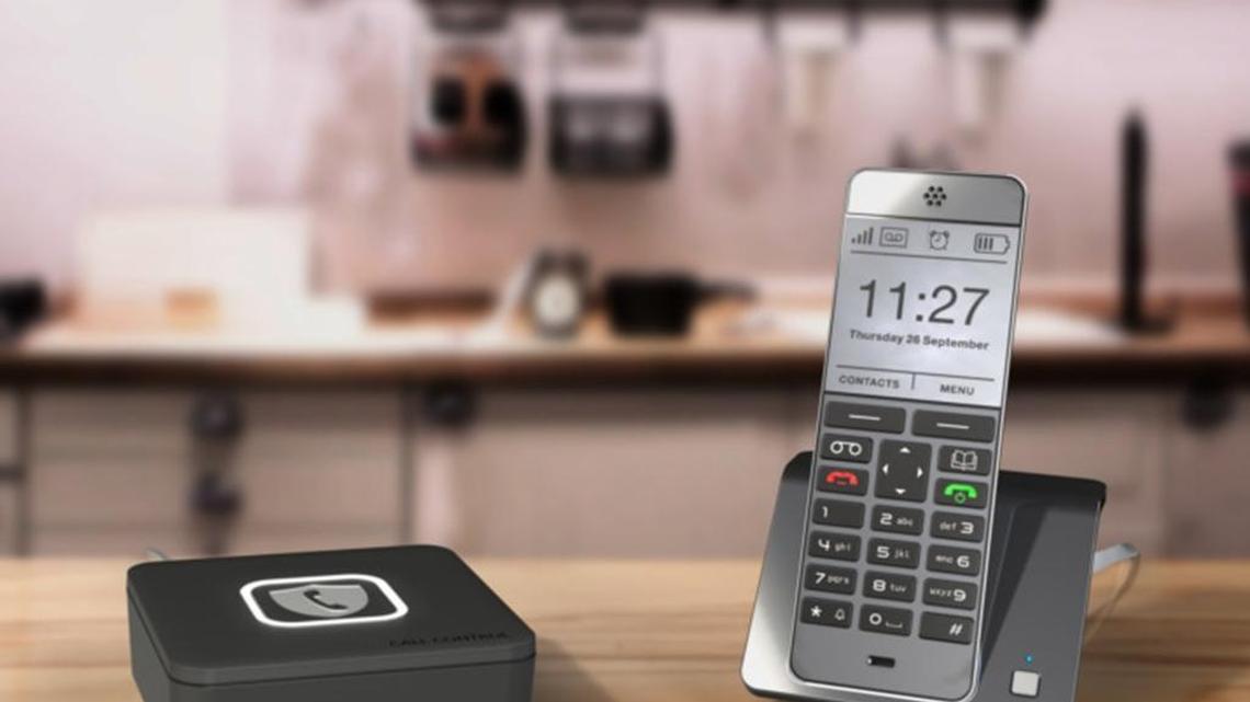 The Call Control Home box connects to a landline phone and captures the latest list of bad phone numbers by syncing to a smartphone via Bluetooth.