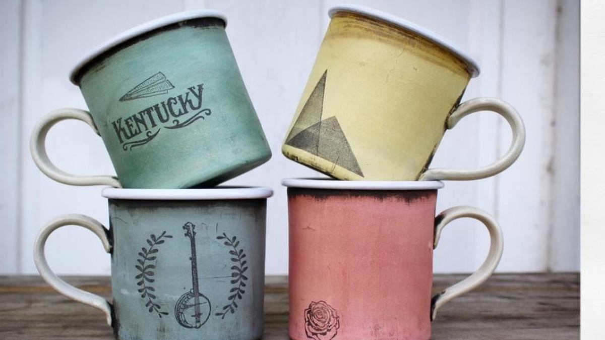 Ceramic mugs by David Kenton Kring, one of the many artists at the Berea Makers Market holiday craft show.