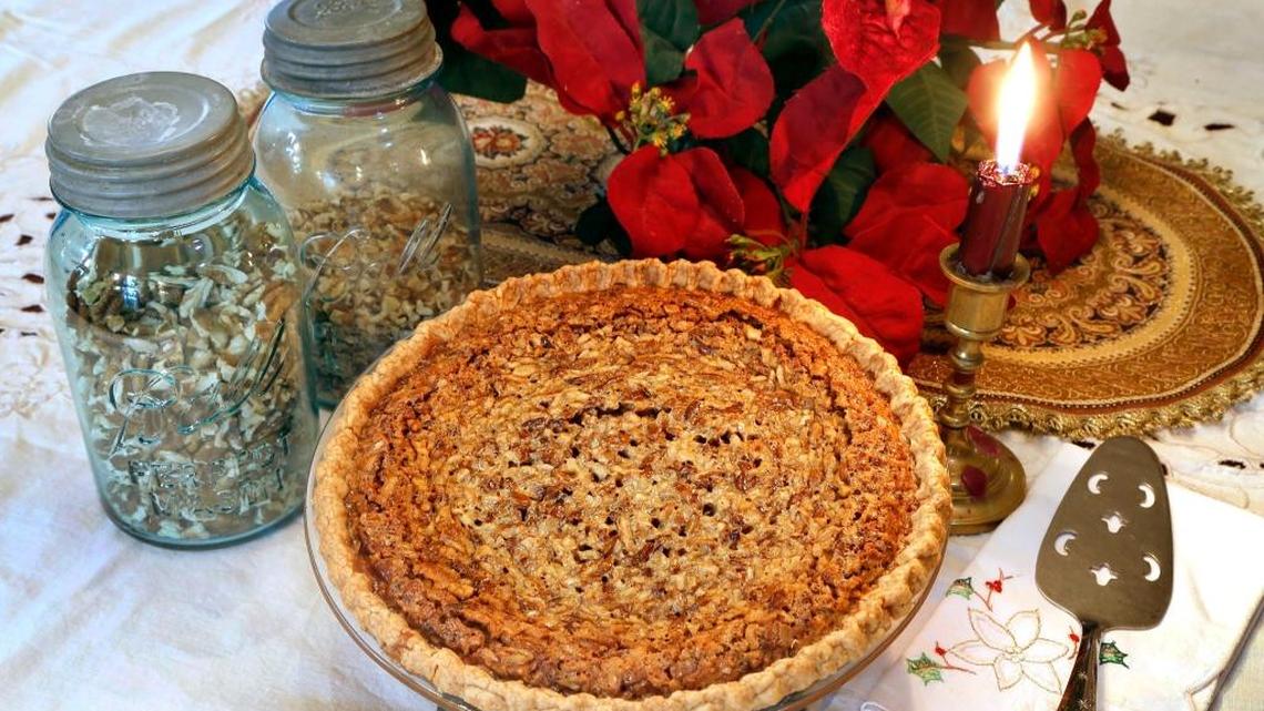 A hickory nut pie made by Carlotta Abbott of Lexington. Abbott uses a basic Karo syrup pie recipe but with dark syrup and brown sugar for more flavor.