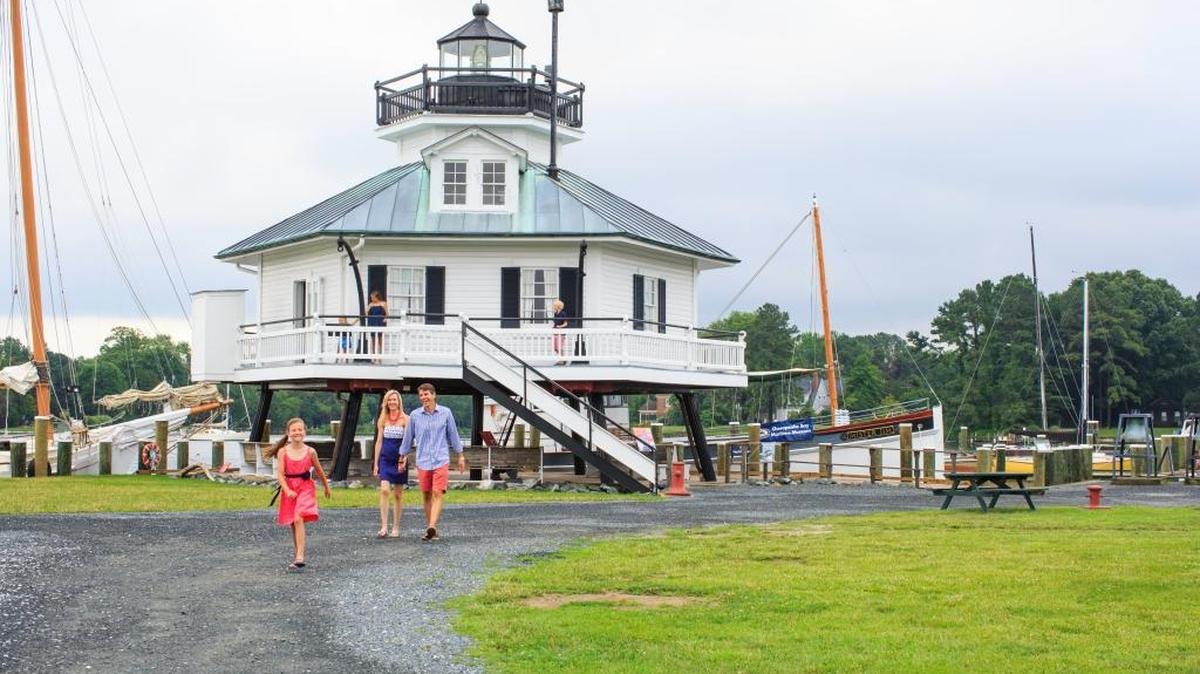 The 1879 Hooper Strait Lighthouse anchors the Chesapeake Bay Maritime Museum in St. Michaels and can be seen from both land and water.