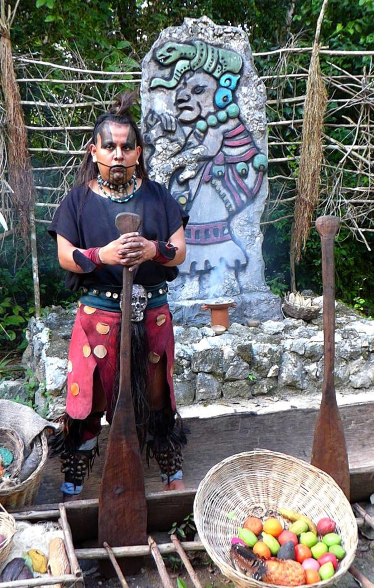 An offering to the Mayan God of Corn is the starting point for a tour of the Mayan Village.