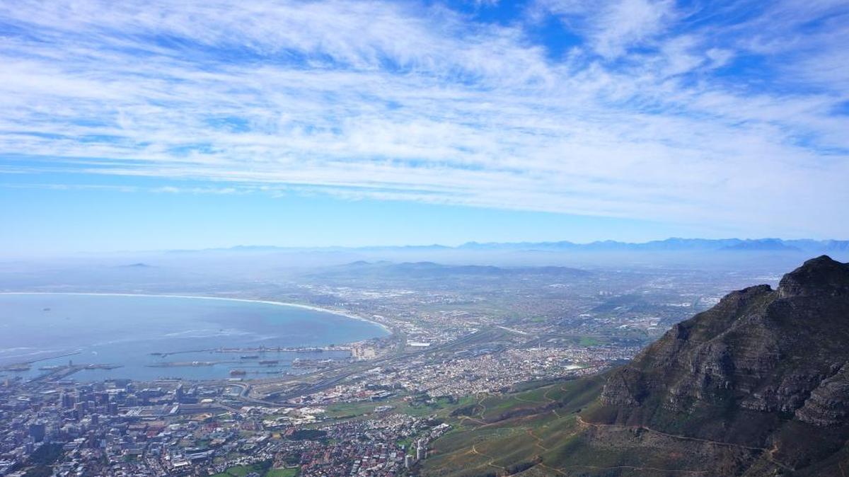 The view from Capetown's Table Mountain can be seen from a cable car ride up its slopes.