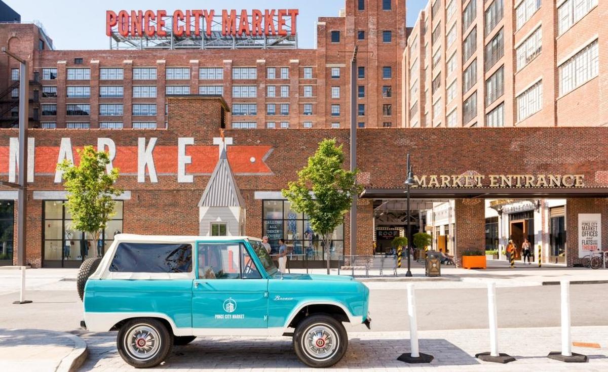 Leon, the 1967 classic Ford Bronco, parked in front of Ponce City Market.