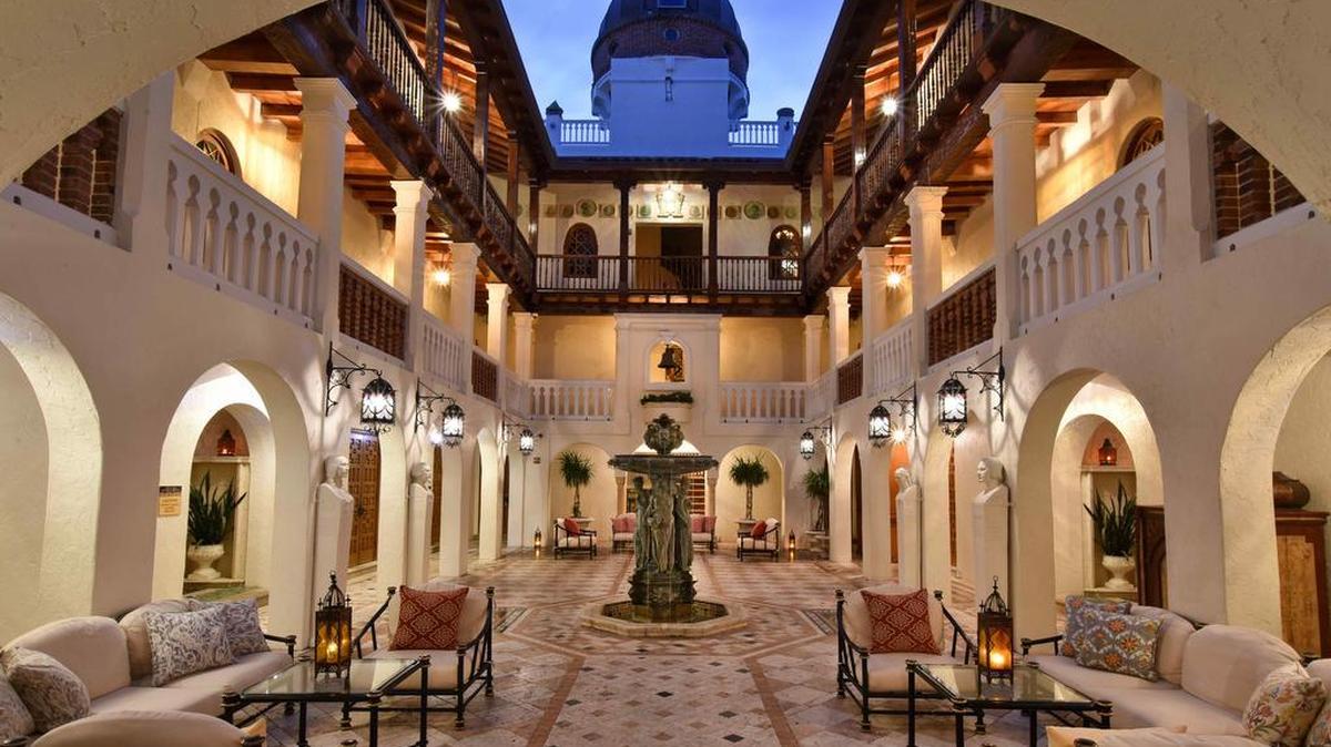 The Courtyard at The Villa at Casa Causarina. A cross between a Moorish palace, a Venetian palazzo and a Spanish hacienda, the Villa is the third most visited house in America (after Graceland and the White House.)