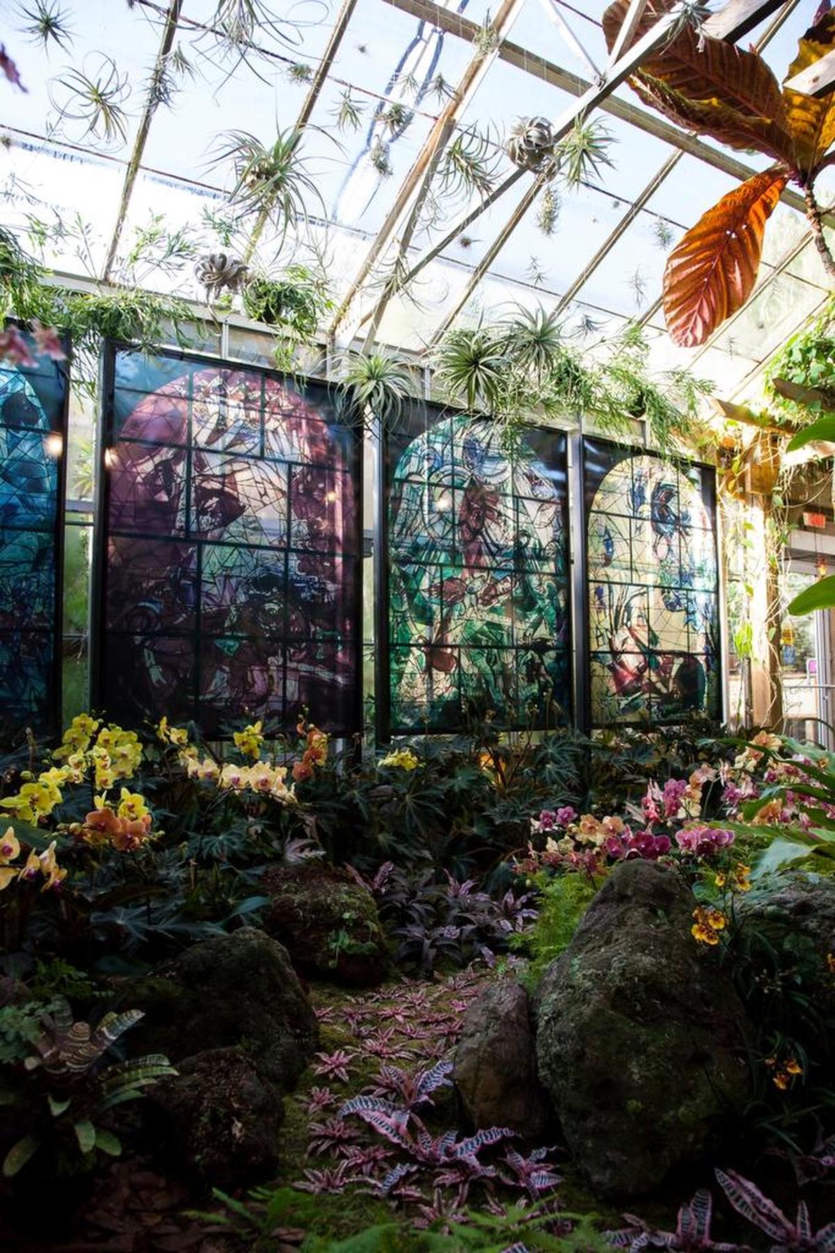 The conservatory at the Marie Selby Botanical features representations of artist Marc Chagall’s stained glass.