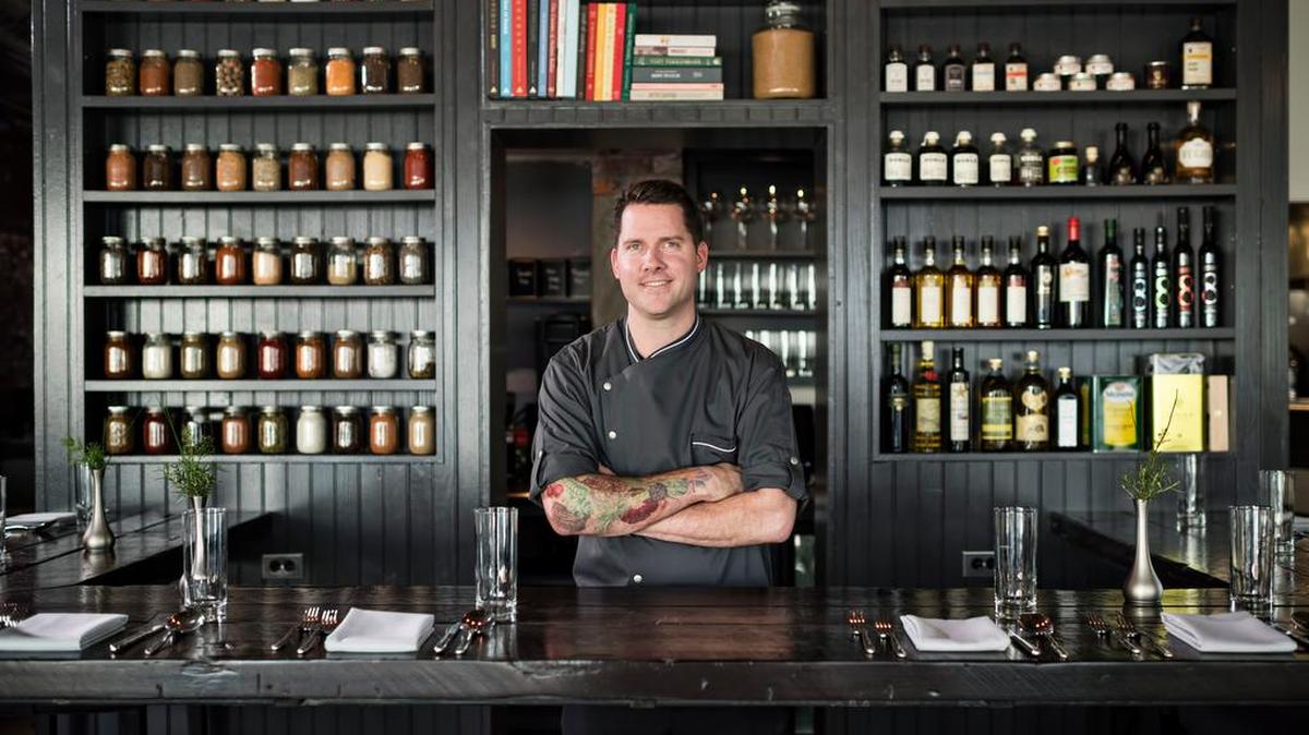 Bobby Benjamin, owner and chef of one of Louisville’s newest restaurants, Butchertown Grocery. The restaurant is located in an old grocery store in the Butchertown neighborhood.