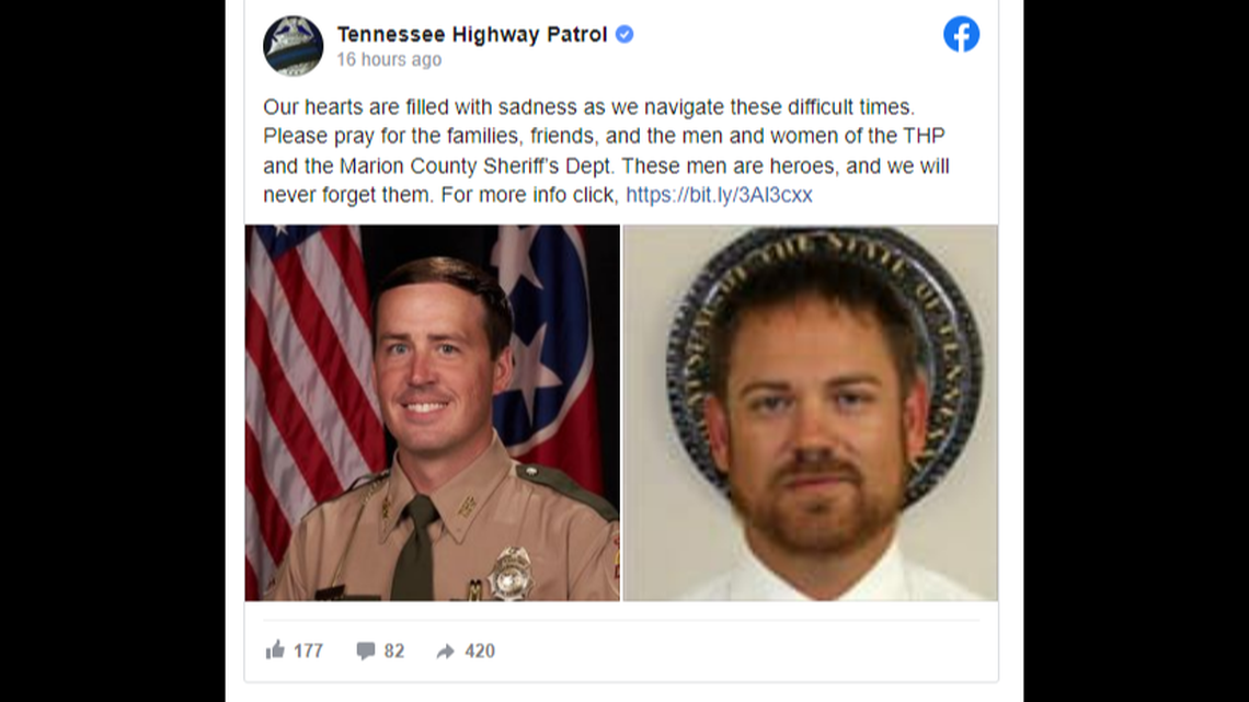 Two law enforcement officers died when their helicopter hit power lines near a Tennessee interstate and crashed into the woods of Aetna Mountain. 