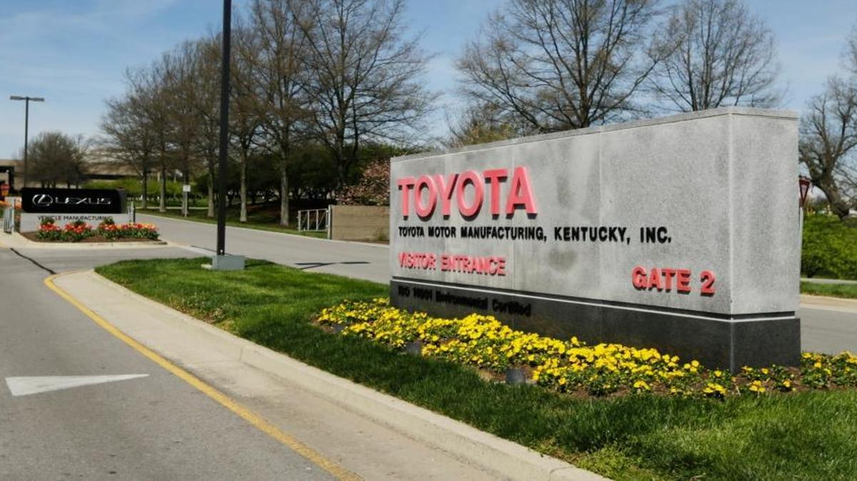 The entrance to Toyota Motor Manufacturing Kentucky in Georgetown. The Japan-based automobile manufacturer announced a $121 million investment in the manufacturing plant Tuesday. The money will go toward technology which will expand 2.5-liter engine production at the plant, which is used in the Highlander Hybrid made in Princeton, Ind.